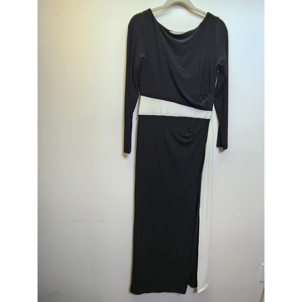 Lauren Ralph Lauren Evening Dress Gown Long Sleeves Sz 10 Ruched Black White